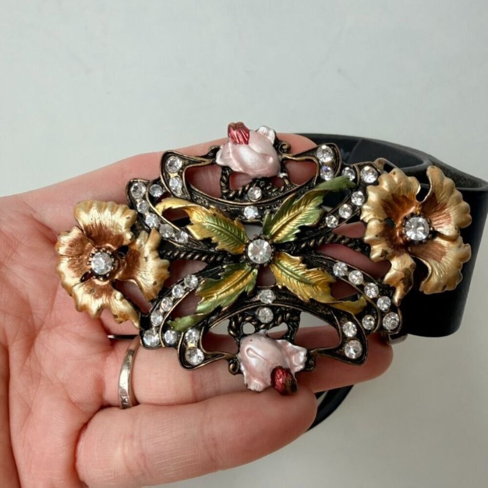 Vintage Style Floral Butterfly Rhinestone Leather Belt - Black/Gold - Picture 2 of 7